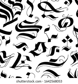Blackletter calligraphy art. Gothic calligraphy elements. Flat nib hand writing. Abstract seamless patterns. Art for different purposes. Ready-to-use design template. Vector illustration.