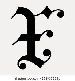 Blackletter capital letter 'F' in a bold, gothic style. The letter 'F' features ornate, decorative elements typical of medieval script typography. Vintage font illustration, isolated vector.