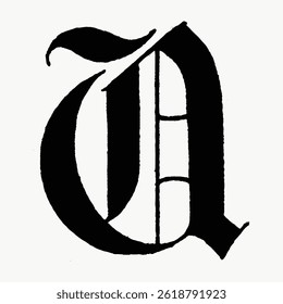 Blackletter Gothic letter 'A' in a bold, ornate style. Gothic letter 'A' features intricate, bold lines. Classic blackletter 'A' design, bold and decorative. Vintage font isolated vector.
