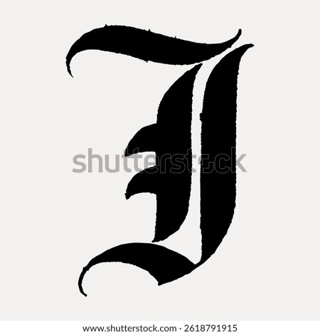 Blackletter Gothic letter 'J' in bold, black ink. Gothic 'J' stands out with its ornate, medieval style. Bold Gothic letter 'J' on a light background. Vintage font isolated vector.