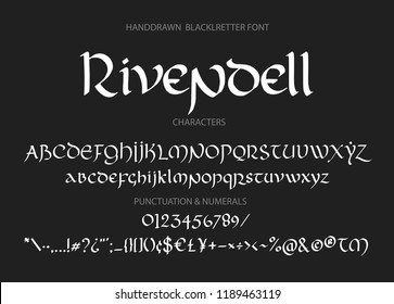 Blackletter gothic uncial hand-drawn font. Decorative vintage magic styled letters. Rivendell vector script.