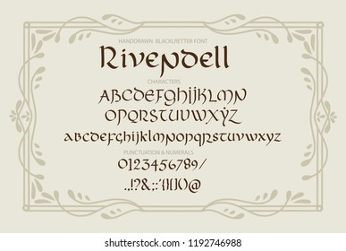 Blackletter gothic uncial hand-drawn font. Decorative vintage magic styled letters. Rivendell vector script.