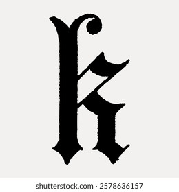 Blackletter 'K' in a gothic style. Ornate and decorative blackletter font. Gothic blackletter 'K' with intricate design. Stylish and classic blackletter typography. Vintage black font, vector.