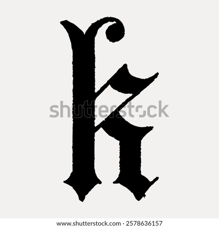 Blackletter 'K' in a gothic style. Ornate and decorative blackletter font. Gothic blackletter 'K' with intricate design. Stylish and classic blackletter typography. Vintage black font, vector.