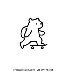 Dessin au trait noir d'un ours en bande dessinée sur une planche à roulettes