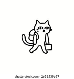 Un dibujo de línea negra de un gato con una mochila y llevando un Pequeño bolso