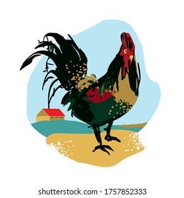 Black-line drawing of a rooster in the Chinese ink graphics style with abstract color spots on the background of a farm with fields on the horizon. The symbol of the farm business. Vector illustration