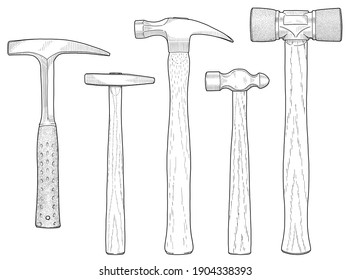 Black-line hand drawing of an assortment of hammers.