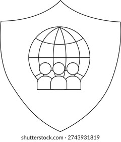 Blacklined emblem a shield globe and three figures below all enclosed in solid lines