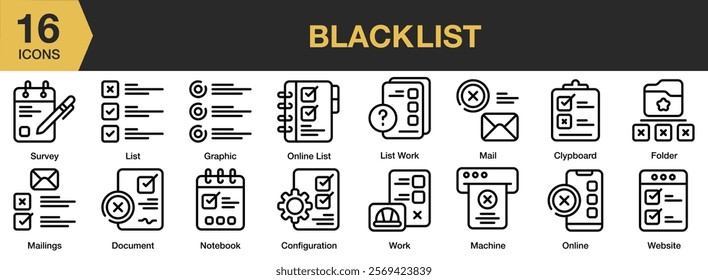 Blacklist icon set. Includes blacklist, ban, web, list, label, security, blocked, and More. Outline icons vector collection.