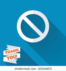 Blacklist sign icon. User not allowed symbol. White flat icon with long shadow. Paper ribbon label with Thank you text. Vector