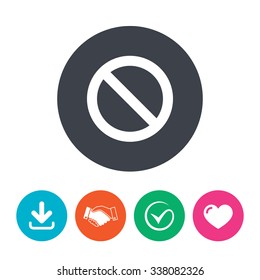 Blacklist sign icon. User not allowed symbol. Download arrow, handshake, tick and heart. Flat circle buttons.