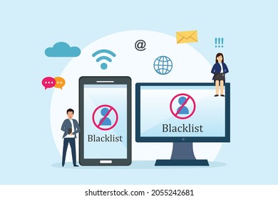 Blacklist vector concept. Two people sign in on the account with blacklist symbol while using digital device