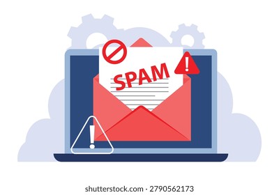 Blacklisted email address and blocked Message. A laptop screen displaying an email. Concept of spam software spreading, ad blocking, phishing attack, noise advertising