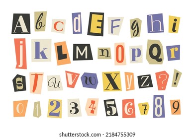 Blackmail or Ransom Anonymous Note Font. Latin Letters and Numbers. letters from a magazine. vintage