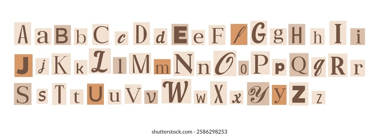 Blackmail Ransom Anonymous Notes. Criminal or detective font. Diverse newspaper cutout alphabet for collages and scrapbooking. Vector illustration