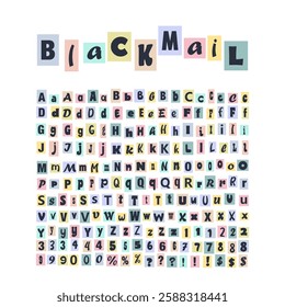 Blackmail or Ransom Kidnapper Anonymous Note Font. Cut out ransom vector letters alphabet. Latin Letters, Numbers and punctuation symbols. Criminal ransom letters.