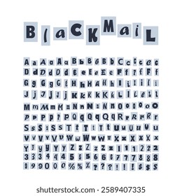 Blackmail or Ransom Kidnapper Anonymous Note Font. Cut out ransom vector letters alphabet. Latin Letters, Numbers and punctuation symbols. Criminal ransom letters.