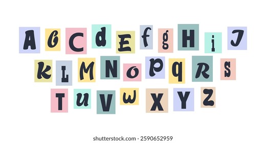 Blackmail or Ransom Kidnapper Anonymous Note Font. Cut out ransom vector letters alphabet. Latin Letters, Numbers and punctuation symbols. Criminal ransom letters.