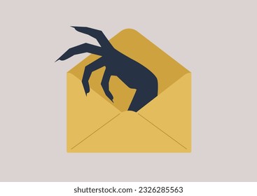 Blackmailing concept, a huge monster hand in a paper envelope