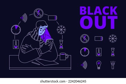Blackout-Konzept und Symbole in linearem Stil auf dunklem Hintergrund. Vektorclip-Kunst