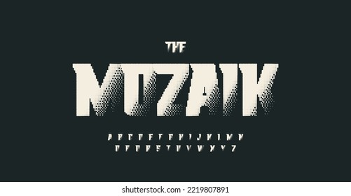Blackout halftone alphabet, fat high unusual font with acute serifs, square mosaic letters for futuristic logo and headline. Vector typographic design