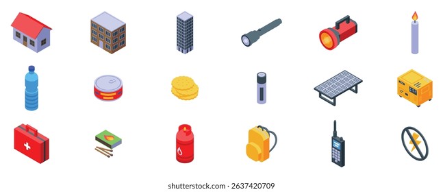 Blackout icons set. Collection of isometric icons representing essential items for emergency preparedness, ensuring survival and safety during crises