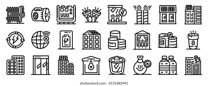  Blackout icons set. Essential icons depicting power outage scenarios, energy conservation, and emergency preparedness measures, emphasizing resource management and resilience