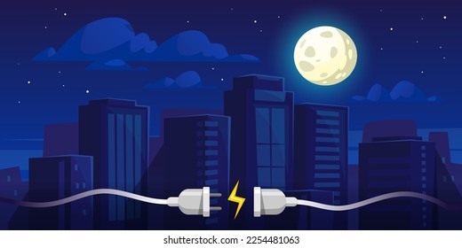 Blackout vector illustration. A city in the dark during an outage. Power cut symbols: a plug, cable, outlet and lightning bolt. A background concept of urban life without electricity at night.