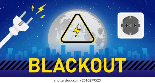 Blackout vector illustration. A city in the dark during an outage. Power cut symbols: a plug, cable, outlet and lightning bolt. A background concept of urban life without electricity at night