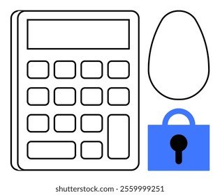 A black-outlined calculator alongside a black-outlined egg shape and a blue padlock. Ideal for security, finance, problem-solving, password protection, and creativity. Minimalist vector style