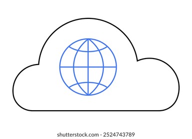 Black-outlined cloud with a blue globe in center. Ideal for technology, cloud computing, internet connectivity, global networking, data storage. Simple minimalist style