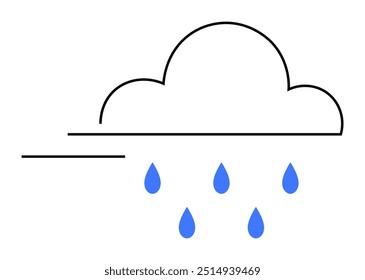 Black-outlined cloud with straight line extending from left. Blue raindrops fall from cloud. Ideal for weather forecasting, climate change, rain, nature, vector art. Very minimalist style.
