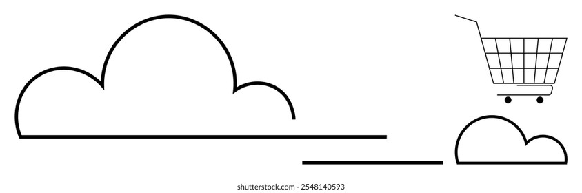 Black-outlined clouds and a shopping cart with clean lines. Ideal for digital marketing, online store, cloud computing, e-commerce, tech innovation. Simple design style. Black and white vector