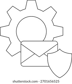 Envolvente de engranaje delineado en negro e icono de escudo que sugiere configuración de seguridad y correspondencia