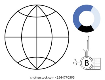 Globo delineado en negro, gráfico circular con secciones azules, grises y negras, y símbolo de bitcoin con diseño de circuito. Ideal para finanzas, criptomonedas, comercio global, tendencias tecnológicas, análisis de datos