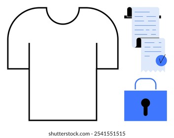 A black-outlined T-shirt with documents featuring a checkmark and a locked padlock. Ideal for data security, privacy protection, secure transactions, e-commerce, and information safety. Minimalistic