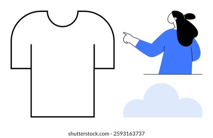 Black-outlined T-shirt on the left, a person in blue pointing to the right, and a simple light blue cloud below them. Ideal for fashion, weather, design, simplicity, and communication themes