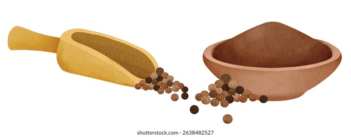 Blackpepper, Peppercorn, Allspice and Spice Powder  for Food and Culinary Illustration