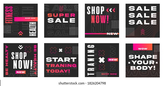 Black&Pink Social Media Post Template for Digital Marketing and Advertising Sale Promo. Square Monochrome banner design. Set for Gym&Fitness dynamic.