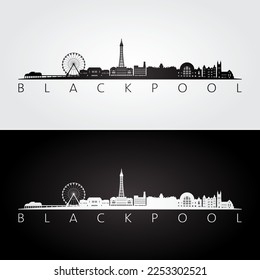 Blackpool skyline and landmarks silhouette, black and white design, vector illustration.  