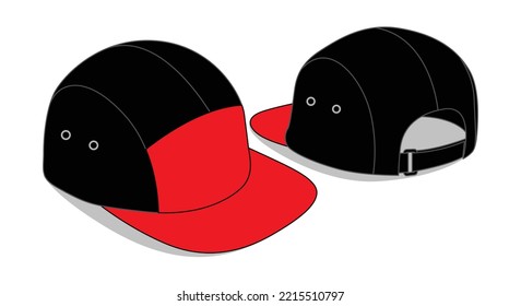 Black-Red 5 Panels Cap Design On White Background, Vector File.