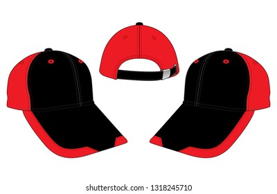 Black-Red Baseball Cap With Buckle Strap Back Design On White Background, Vector File
