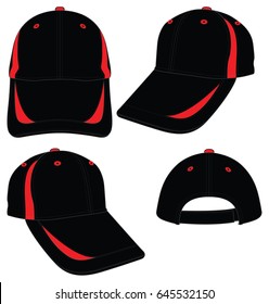 Black-Red Baseball Cap with Hook-Loop Strap Back Closure Design on White Background, Vector File.