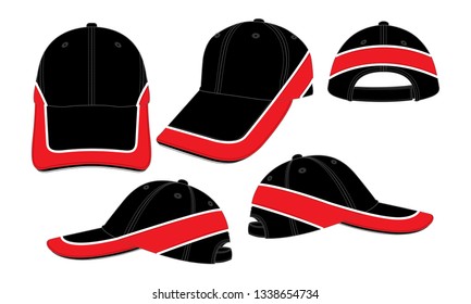 Black-Red Baseball Cap with White Piping Lines , Adjustable Hook-Loop Strap Back Closure Design on White Backgrpond, Vector File.
