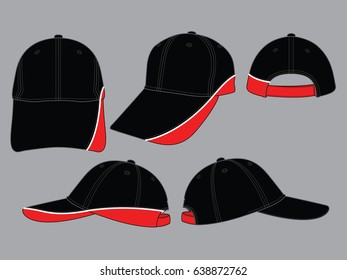 Black-red baseball cap with white piping,  adjustable hook-loop closure design on  gray background, vector file.