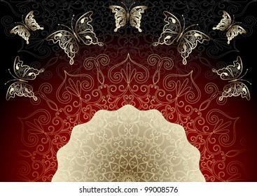 Black-red elegance frame with translucent pattern and gold butterflies (vector EPS 10)