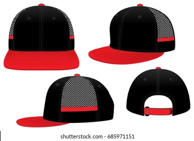 Black-Red Hip Hop Cap With Mesh At Side, Strap Back With Hook-Look Fastener Design on White Background, Vector File.