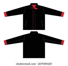 Black-Red Jacket With Placket Hidden Zip Design Vector On White Background.Front and Back View.
