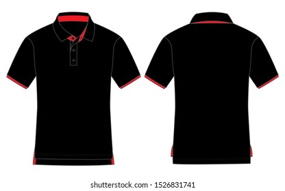 Black-Red Raglan Short Sleeve Polo Shirt Design on White Background. Front and Back Views, Vector File.